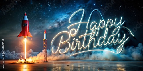 Happy Birthday Long Exposure: Rocket Launch, Handwritten Message, Top View photo