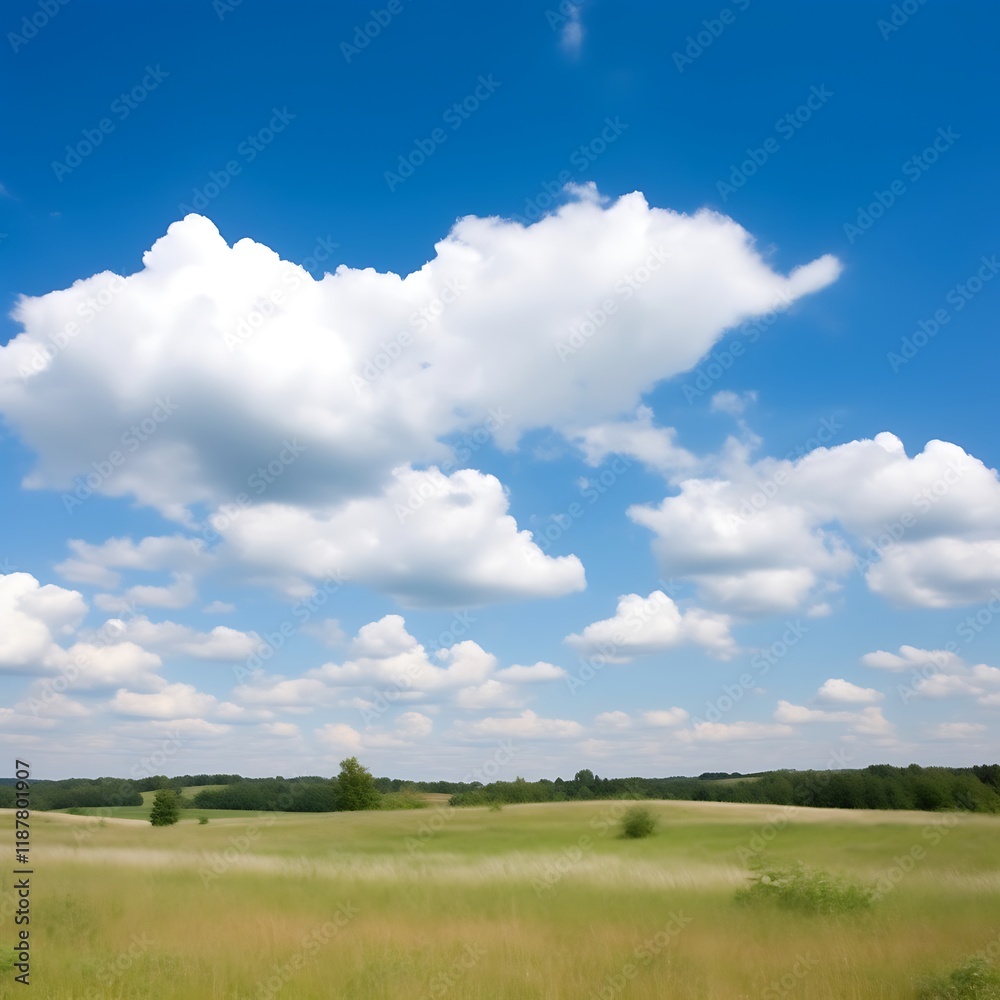 Serene Summer Landscape with Fluffy Clouds and Grassland Serene Summer Landscape with Fluffy Clouds and Grassland