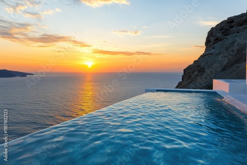 Santorini sunset infinity pool cliffside luxury travel photo