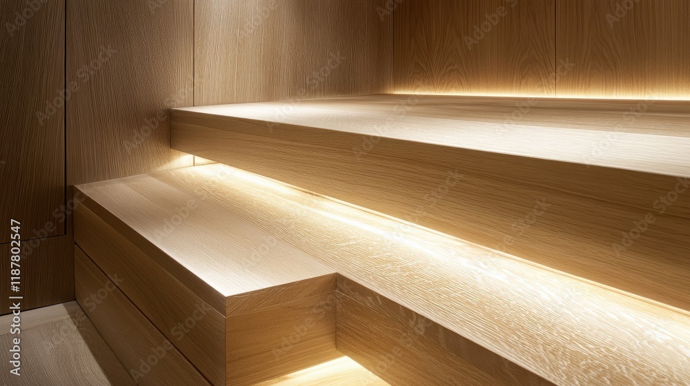 A sleek, modern kitchen with light wooden shelves and a matching commode below.