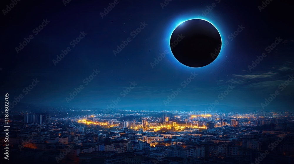 Obraz premium A solar eclipse above a city skyline with lights twinkling below.