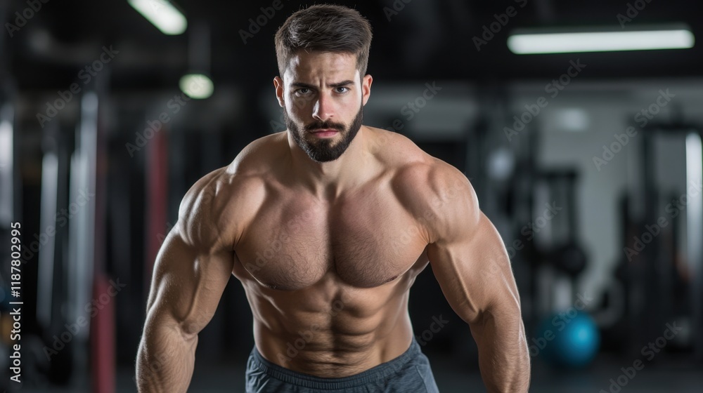 Muscular man posing confidently in a gym setting showcasing strength and dedication to fitness and bodybuilder lifestyle Muscular man posing confidently in a gym setting showcasing strength and dedication to fitness and bodybuilder lifestyle