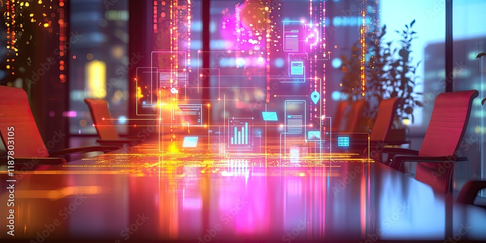 Obraz premium A blurred business meeting scene with neon lines and icons linking various tech devices, highlighting digital strategy.