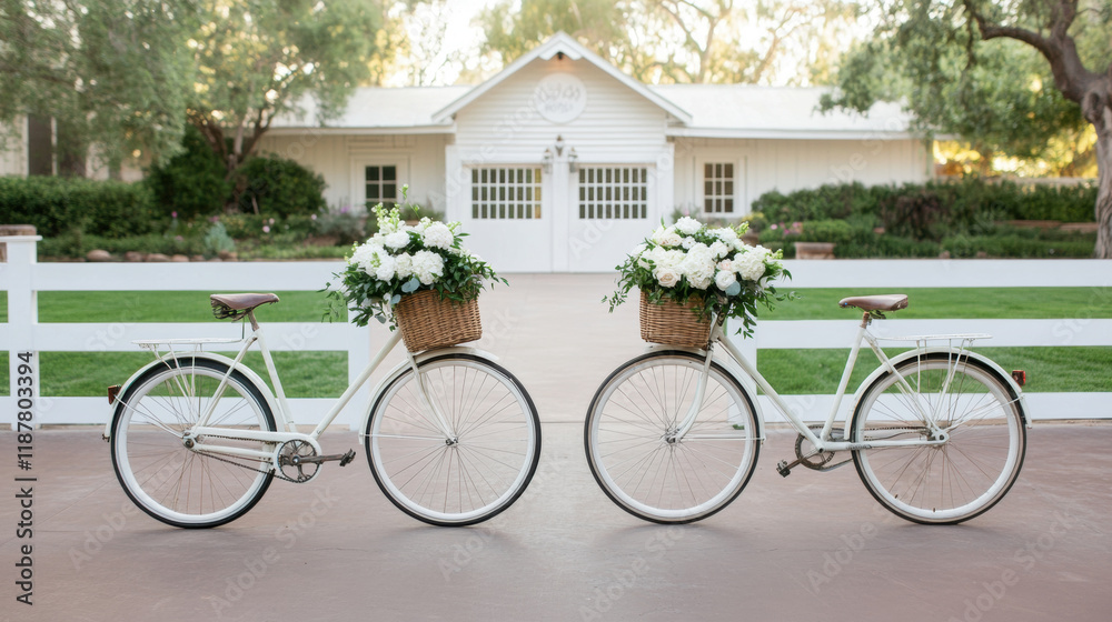 Fototapeta premium Vintage bicycles with flower baskets create charming decor for any event, enhancing atmosphere with elegance and beauty