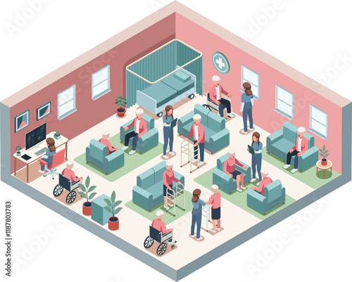 Isometric Elderly Care Facility with Caregivers Assisting