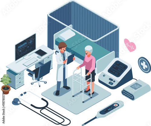 Isometric Doctor Assisting an Elderly Patient in Medical Facility