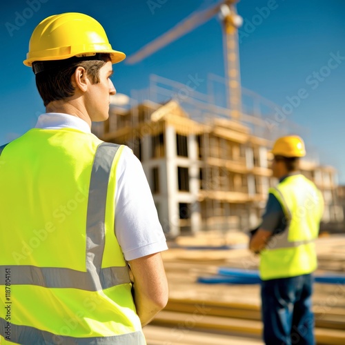 Construction workers, wearing yellow helmets, labor tirelessly on-site. Their expertise and hard work drive industrial progress, turning blueprints into towering buildings that define urban landscapes