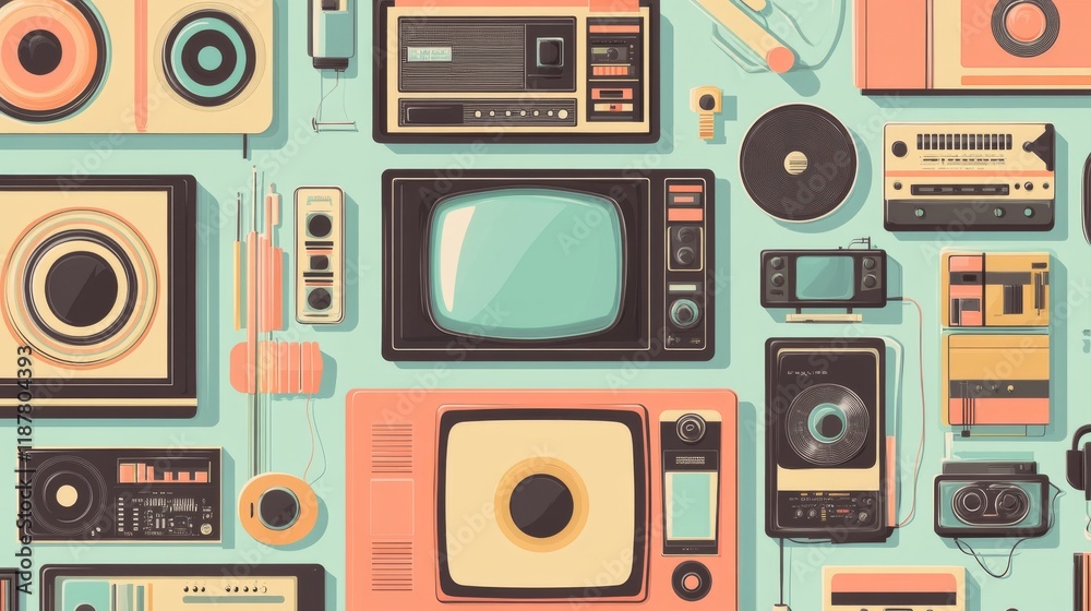 Obraz premium mid-century electronics artwork, vintage entertainment stickers, retro television monitors, analog audio equipment, vinyl players, music devices, broadcasting tools, clean vectorized style, bold