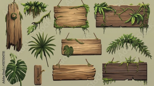 Fototapeta Naklejka Na Ścianę i Meble -  tropical game interface assets, wooden sign collection, jungle decorative elements, forest pathway markers, suspended plank designs, standing wooden posts, exotic leaf arrangements, climbing vine
