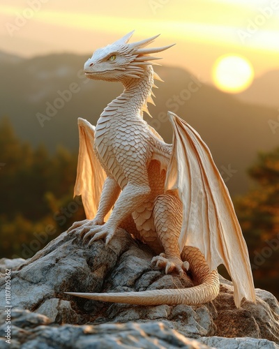White dragon perched on a rock at sunset.