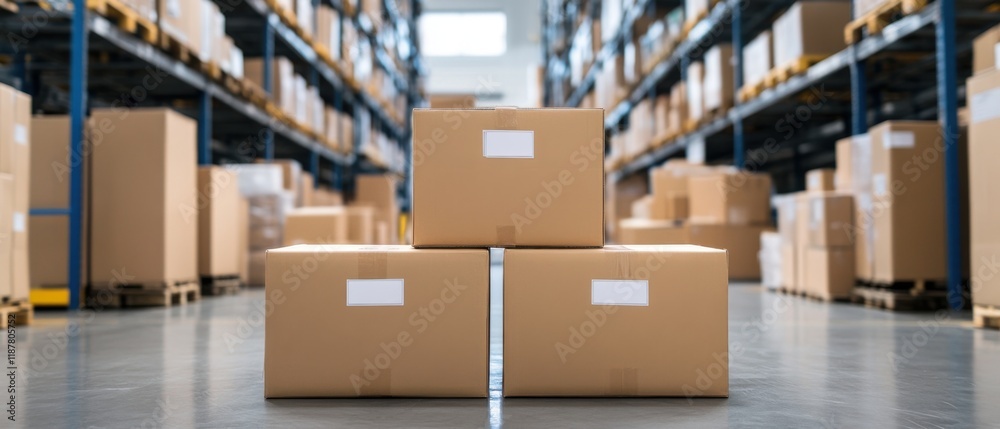 Stacked cardboard boxes on pallet in a spacious warehouse with shelves filled with goods in the background Stacked cardboard boxes on pallet in a spacious warehouse with shelves filled with goods in the background