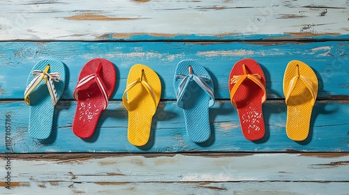 flops on turquoise planks, family beach vacation theme  photo