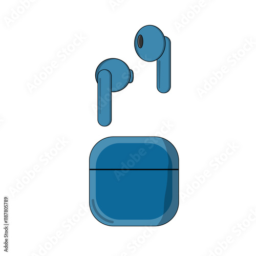 Wireless earphones in case illustration. Cordless earbuds in box vector graphics icon. Mobile earplugs, ear phones pair. Audio bluetooth device, music accessory. Small buds, earpods flat vector