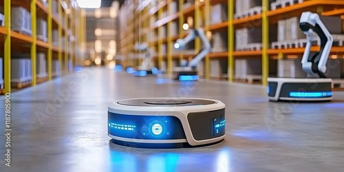 Wallpaper Mural A warehouse designed with a modern aesthetic includes robotic arms for sorting and digital displays for efficient inventory management. Torontodigital.ca