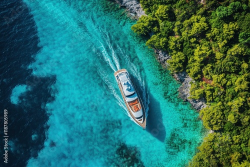 Luxury yacht cruising turquoise coast, aerial view photo