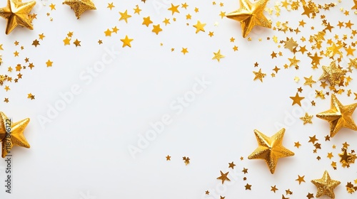Gold frame with shimmering gold stars on white background, elegant flat lay design with copy space for festive decorations