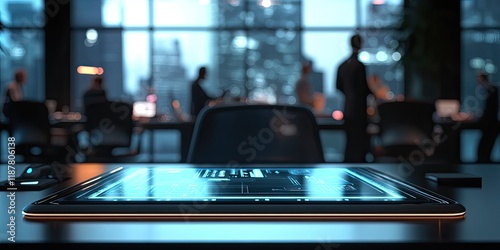 Wallpaper Mural A digital signature interface is shown on a futuristic device, with a busy corporate meeting blurred in the background. Torontodigital.ca