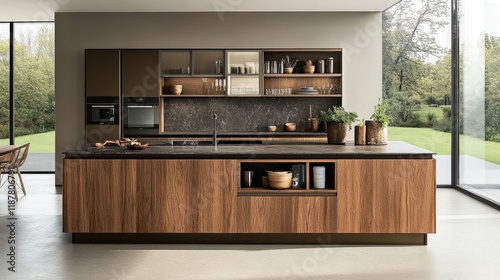 Open wooden shelving in a minimalist kitchen featuring kitchenware and decorative plants.