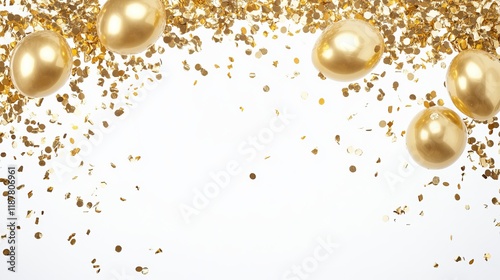 Gold shiny confetti and balloons on white background with open space for message, celebration and party invitation concept photo