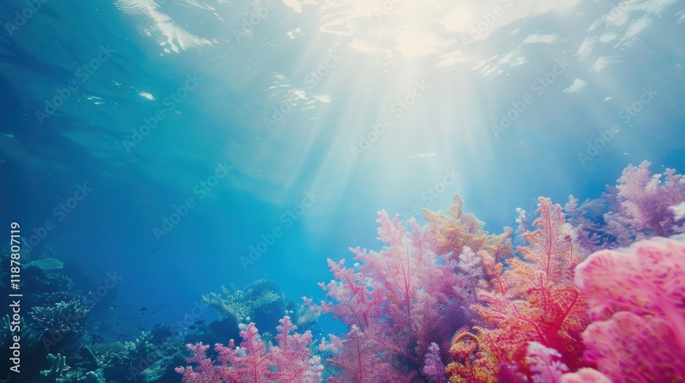 Naklejka premium a dreamy underwater scene with exotic marine life and vibrant coral reefs, No objects, white space in the center of the page for text