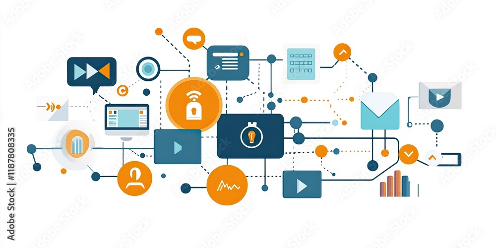 An abstract concept of data connections depicted with lines and icons linking online communication and tech strategy. An abstract concept of data connections depicted with lines and icons linking online communication and tech strategy.
