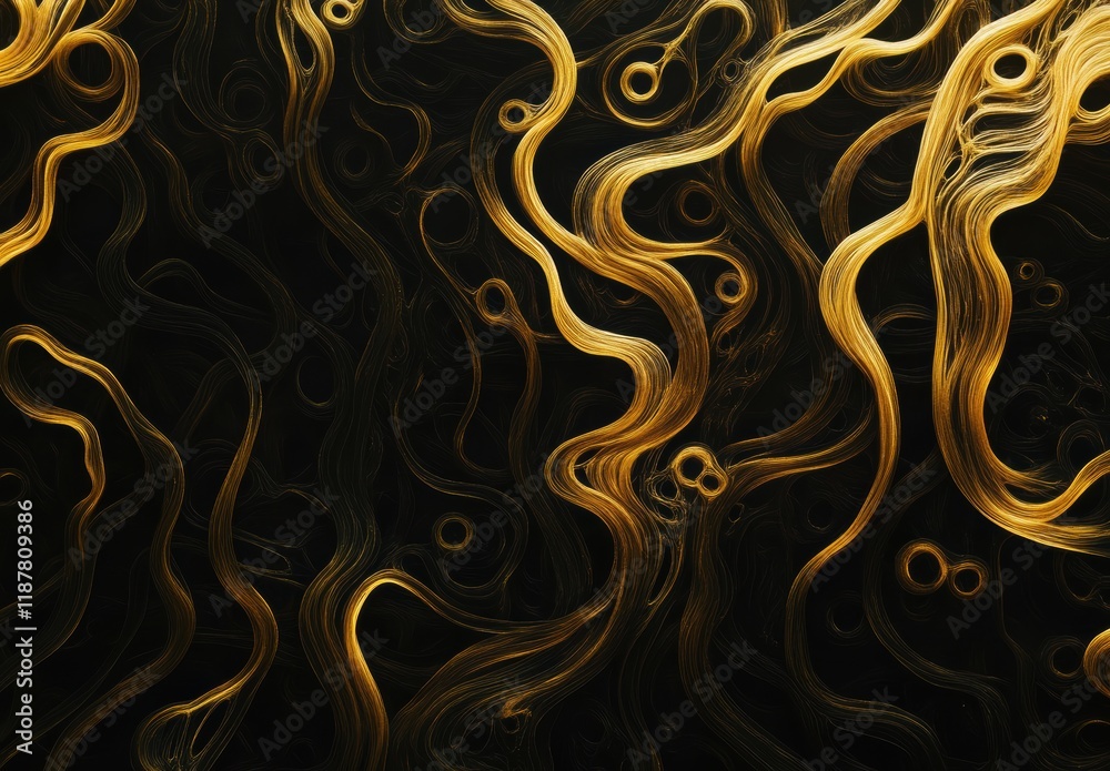 Fototapeta premium Abstract design featuring fluid golden lines and shapes on a dark background, creating a captivating and dynamic visual experience ideal for artistic projects.