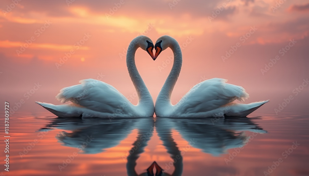 Fototapeta premium Romantic two swans forming heart shape on tranquil lake at sunset, vibrant nature-inspired generative AI