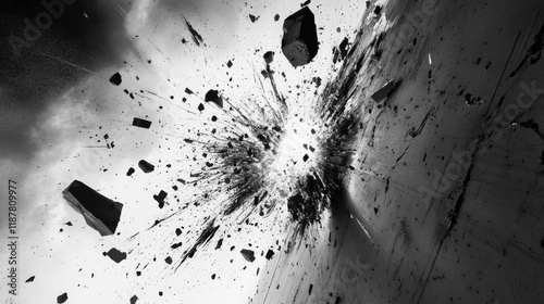 Impact crater detail, exploding concrete wall, dynamic particle dispersion, radiating fracture lines, suspended debris fragments, high contrast destruction, realistic material break
