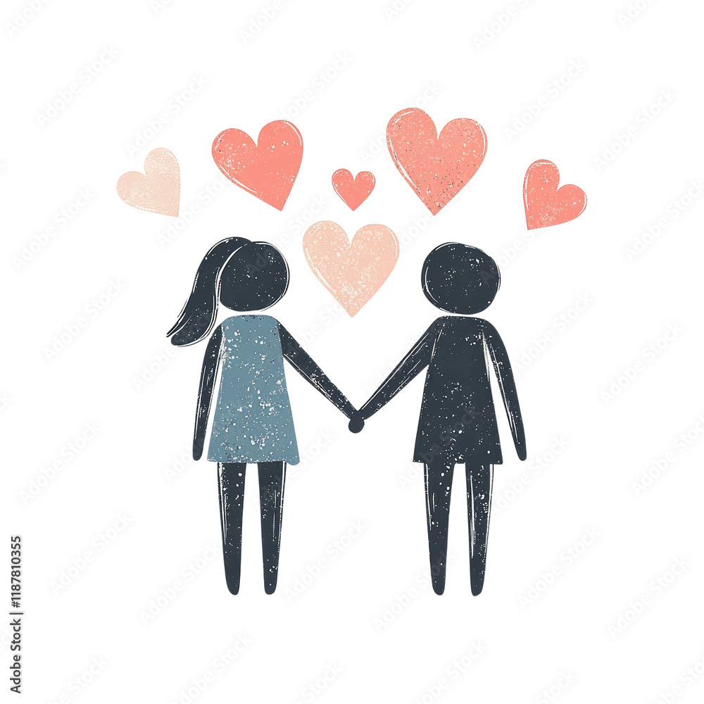 Hand-drawn illustration of a couple holding hands with hearts isolated on white or transparent PNG Hand-drawn illustration of a couple holding hands with hearts isolated on white or transparent PNG