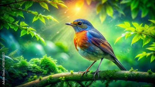 Indian Robin Bird Double Exposure: Vibrant Feathers & Lush Forest Habitat photo