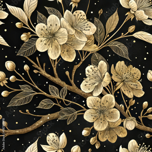 Golden Cherry Blossom Seamless Pattern (Sakura) on Black Background