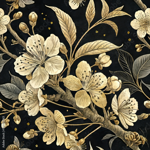 Golden Cherry Blossom Seamless Pattern (Sakura) on Black Background