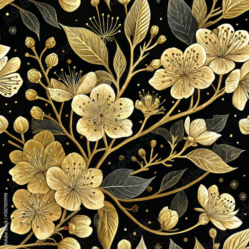 Golden Cherry Blossom Seamless Pattern (Sakura) on Black Background