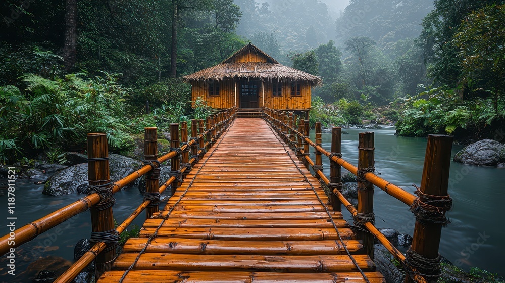 Fototapeta premium Bamboo bridge leading to a wooden house in a misty rainforest.