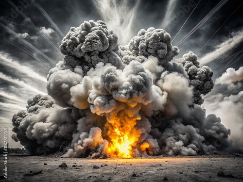 Intense Black and White Explosion Photo with Dramatic Bokeh Effect - Stock Image photo