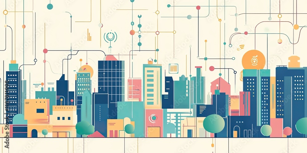 Obraz premium A digital city network illustrated with radiant lines connecting different smart devices and buildings, representing technological communication.