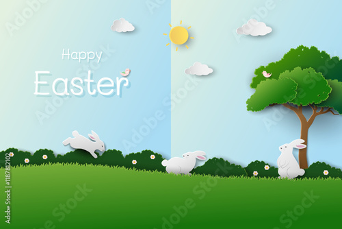 Happy Easter greeting card with rabbits family happy on spring garden
