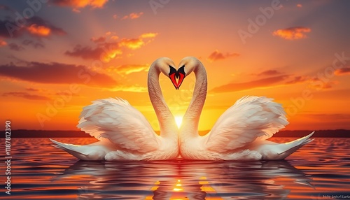 Fototapeta Naklejka Na Ścianę i Meble -  Romantic two swans forming heart shape on tranquil lake at sunset, vibrant nature-inspired generative AI