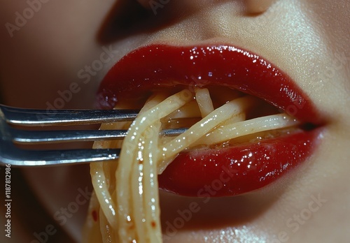 Close-Up of Woman's Mouth with Red Lips Holding Spaghetti on Fork, Glamorizing Food and Sensuality in an Artistic Culinary Presentation photo