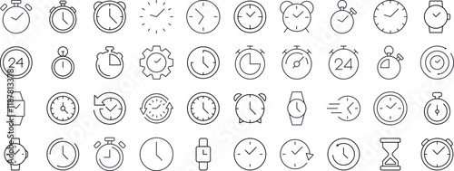 Clock, Smart Watch, Alarm Clock, Timer Bundle of Related Line Icons. Outline Signs for Graphic and Web Design, Apps, Adverts, Various Cards