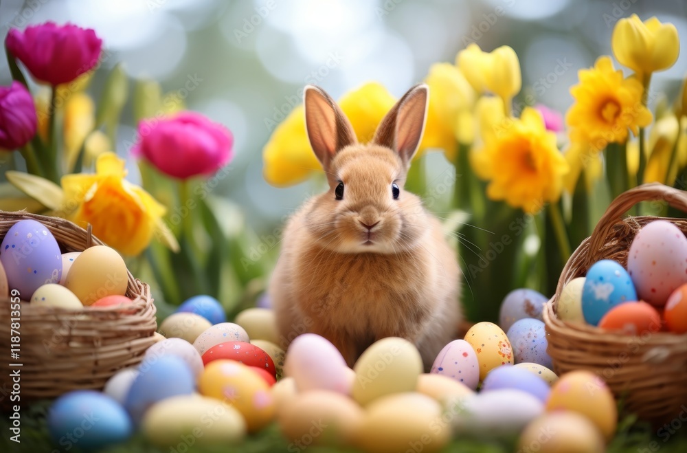 Fototapeta premium Adorable bunny surrounded by colorful easter eggs and spring flowers in a vibrant garden