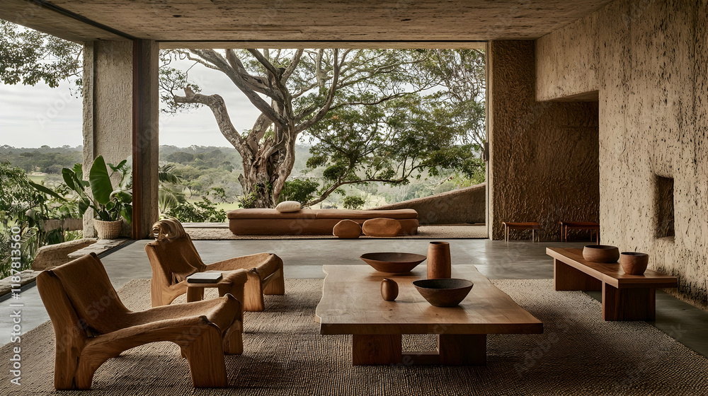 Fototapeta premium Modern minimalist living room, hilltop view, natural wood furniture, tranquil landscape, home design inspiration