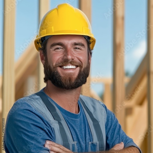 A construction worker in a yellow helmet stands among people, overseeing a busy site. The workman collaborates with an architect to complete the project efficiently