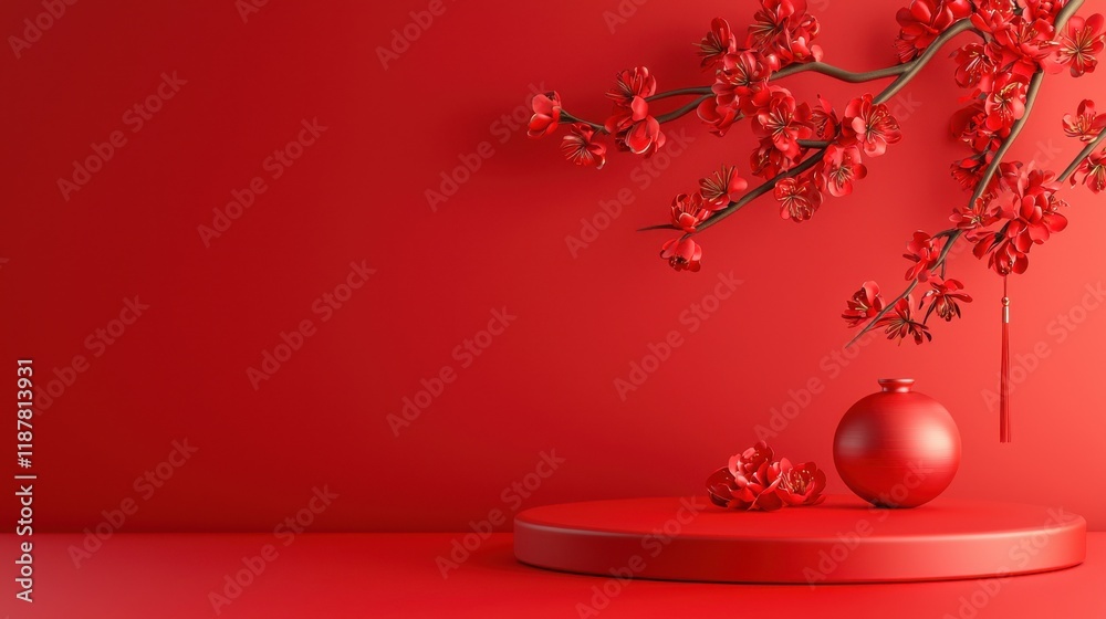 Chinese new year celebration red floral decorations home setting festive imagery cozy environment close-up view cultural symbolism Chinese new year celebration red floral decorations home setting festive imagery cozy environment close-up view cultural symbolism