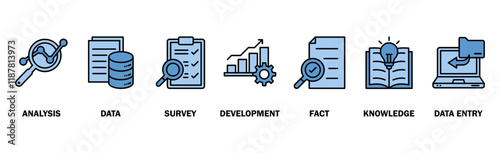 Research banner web icon vector illustration concept with icon of analysis, data, survey, development, fact, knowledge and data entry