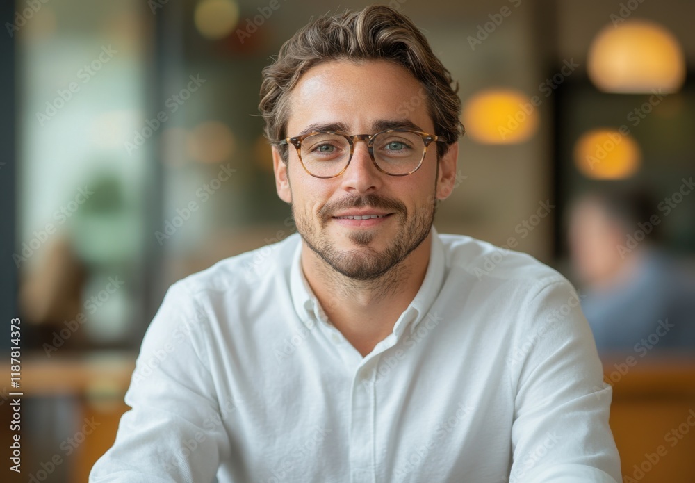 Confident Young Man with Glasses Smiling at Camera in Modern Café Setting, Showcasing Casual Style and Positive Vibe for Lifestyle Photography Confident Young Man with Glasses Smiling at Camera in Modern Café Setting, Showcasing Casual Style and Positive Vibe for Lifestyle Photography
