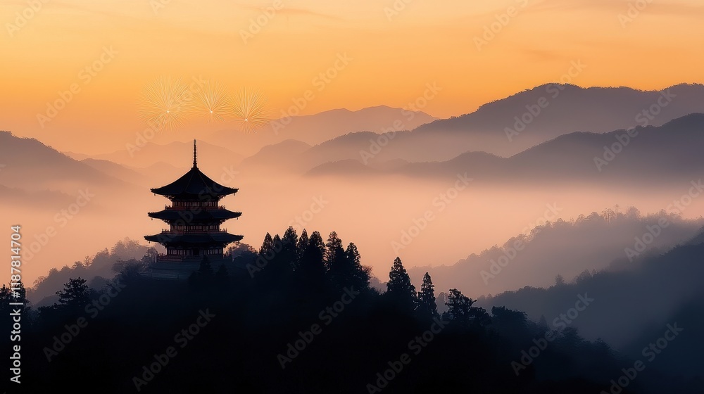 Peaceful Ancient Pagoda Surrounded by Misty Mountains at Sunrise in Serene Landscape Peaceful Ancient Pagoda Surrounded by Misty Mountains at Sunrise in Serene Landscape