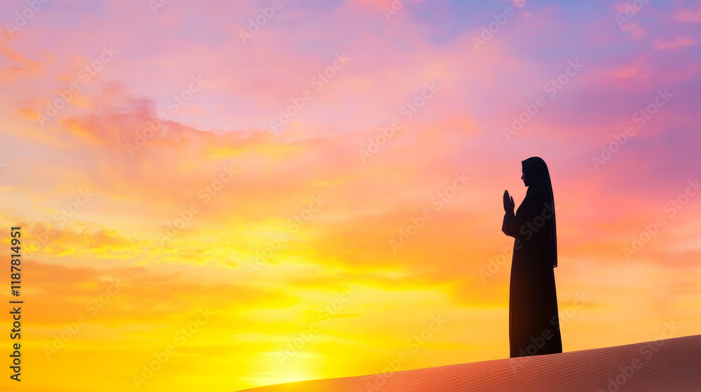 Fototapeta premium Silhouette of woman in traditional attire praying at dawn, with vibrant sky. scene captures moment of peace and spirituality