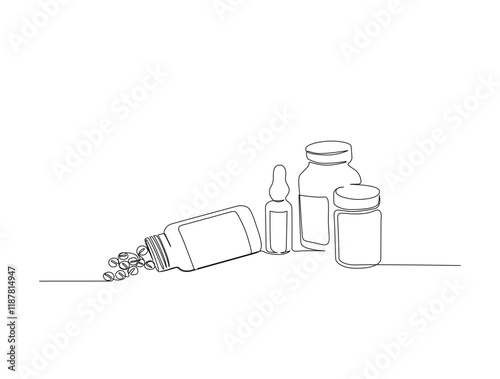Continuous one line drawing of medicine tablet and pill. Medical drugs, vaccine, pharmacy in single line draw vector illustration. Editable stroke.