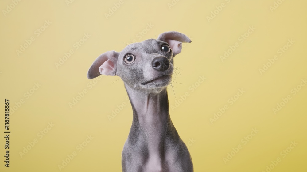 Adorable italian greyhound puppy with curious expression on yellow background Adorable italian greyhound puppy with curious expression on yellow background